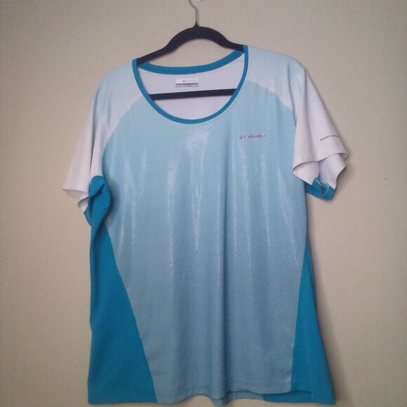 Columbia Shirt Women 1X Short Sleeve Active Athletic Omni-Shade Blue Teal White - Picture 15 of 16